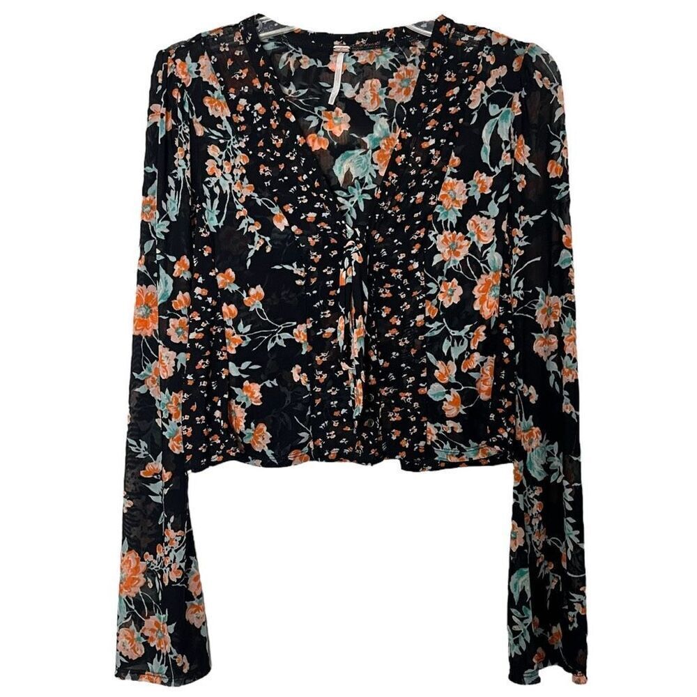 Free People Ditzy Floral Mesh Top Womens XS Black Whimsigoth Dark Romance Boho